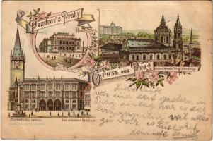 1898 (Vorläufer) Praha, Prag; Das Rudolfinum, Das altstädter Rathhaus, Kostel sv. Mikuláse / town hall, curch. Art Nouveau, floral, litho (EK)