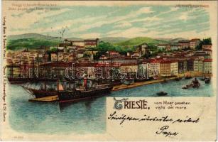 1899 (Vorläufer) Trieste, Vista del mare / port, ships. Meteor No. 422. hold to light litho
