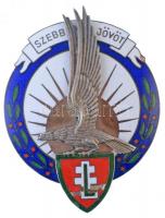 ~1940. I. osztályú levente díszjelvény ezüstözött, zománcozott Cu jelvény (59x45mm) T:2 zománchiba / Hungary ~1940. Levente Badge of Honour, 1st Class silver plated, enamelled Cu badge (59x45mm) C:XF enamel error Sallay 200/a.var