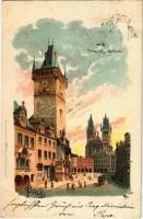 1899 (Vorläufer) Praha, Prag; Teinkirche und Rathhaus / church, town hall. Aquarellkarte No. 5075. Regel & Krug litho