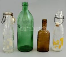 4 db üveg, közte: Hüsi szénsavas üdítő, Dreher - Kőbánya, Hypo - méreg, némelyiken kis csorbákkal, m: 17,5 cm-től 27 cm-ig