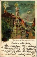 1899 (Vorläufer) Baden bei Wien, Am Hauptplatz / main square, Trinity statue. litho s: Rosenberger