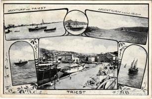 1910 Trieste, Trst; Leuchtturm von Triest, von Lissa / lighthouse, steamships, port. Fec. Ch. Scolik, K.u.K. Hofphotograph. Art Nouveau, floral (EK)