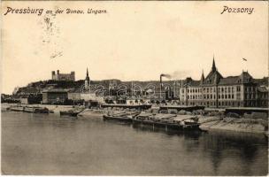 1909 Pozsony, Pressburg, Bratislava; an der Donau / Duna-part, uszályok, rakpart, vár / Danube riverside, barges, quay, castle (EK)