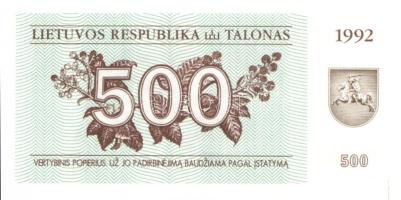 Litvánia 1992. 1T, 500T T:I + 1993. 500T T:I- Felső széle kissé gyűrött