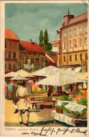 1917 Zagreb, Zágráb, Agram; Jelacic-Platz / square, market. Kuenstlerpostkarte No. 1764. von Ottmar Zieher Kunstanstalt. litho s: Raoul Frank (EK)