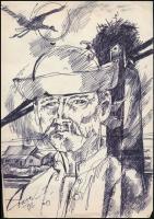 Orosz István (1941-1999), 2 db mű: "Csikós" és táj. Filctoll és golyóstoll, papír. "C...