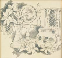 B. Séday Mária (1925-2009): Tükrös csendélet, 2001. Ceruza, papír, jelzett, hátoldalán feliratozott. Üvegezett kretben. 16,5×17,5 cm