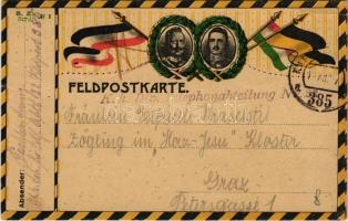 1917 Feldpostkarte / WWI Austro-Hungarian K.u.K. military field postcard, Wilhelm II, Charles I of Austria, Viribus Unitis propaganda, flags (EB)