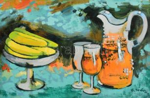 B. Séday Mária (1925-2009): Banános csendélet. Olaj, fa, jelzett, hátoldalán feliratozott. Keretben. 20×30 cm
