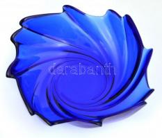Csavart formájú kék üveg kínáló tálka, jelzés nélkül, d: 17,5 cm, m. 5,5 cm