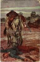 1916 Verlassen. Offizielle Karte für Rotes Kreuz, Kriegsfürsorgeamt Kriegshilfsbüro Nr. 163. / WWI Austro-Hungarian K.u.K. military art postcard, horse with dead soldier (EK)