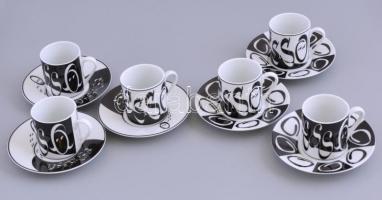 Flirt porcelán mokkás csészék aljakkal, 6-6 db, matricás, jelzett, kis kopásokkal, m: 6 cm, d: 12 cm