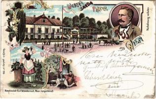 1898 Wien, Vienna, Bécs II. Prater, Weber's Csárda / Weber féle Csárda vendéglő, magyar étterem, magyar zászló / Hungarian restaurant, folklore, interior, Hungarian flag. Kunstanstalt Karl Schwidernoch No. 2401. Art Nouveau, floral, litho (r)