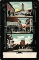 1910 Salzwedel, Rathausturm, Gasthof, Burgstrasse, Vor dem Neupervertor / town hall, street view, inn, hotel, street view, shops, city gate. Art Nouveau frame