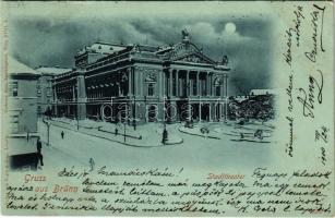 1900 Brno, Brünn; Stadttheater / street view, theatre in winter. Regel & Krug + bilingual cancellation (EK)