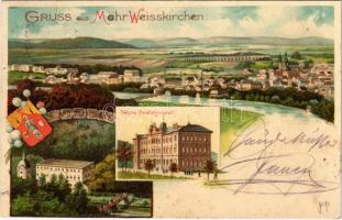 1900 Hranice na Morave, Mährisch Weisskirchen; Höhere Forstlehranstalt, Bad Teplitz / general view, forestry school, spa, bath, coat of arms. Art Nouveau, floral, litho + bilingual cancellation