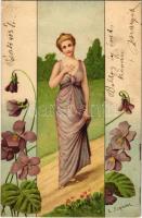 1902 Art Nouveau lady art postcard. Floral, litho. B.K.W.I. 739-3. s: E. Schiendl (EK)