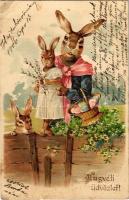 1906 Húsvéti üdvözlet / Easter greeting art postcard, rabbit family. Emb. litho (apró lyuk / tiny pinhole)