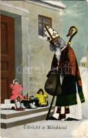 1905 Üdvözlet a Mikulástól! / Christmas greeting card with Saint Nicholas and toys (EM)