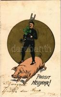 1901 Prosit Neujahr! / New Year greeting art postcard, chimney sweeper with ladder, clover and pig. litho (fl)