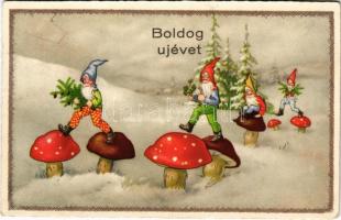 1935 Boldog Újévet! / New Year greeting art postcard, dwarves and mushrooms