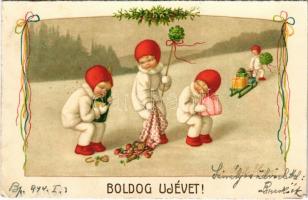 1944 Boldog Újévet! / New Year greeting art postcard, children with toys s: Pauli Ebner (EK)