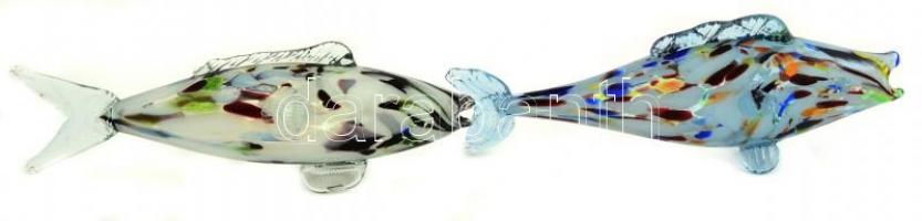 Fújt üveg halak, 2 db, több rétegű, egészen apró hibákkal, h: 26 cm és 27 cm