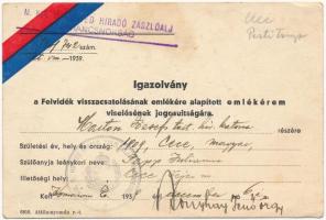 1939. Felvidéki Emlékérem kitüntetés viselésének jogosultságáról szóló igazolvány kitöltve