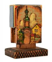 Sopron feliratú, retro kézzel festett fa gyufatartó + régebbi gyufásdoboz Vásároljunk mindenkor a Corvinban felirattal