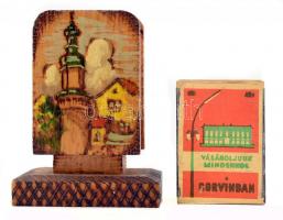 Sopron feliratú, retro kézzel festett fa gyufatartó + régebbi gyufásdoboz "Vásároljunk mindenko...