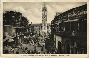 1930 Delhi, Chandni Chowk, Clock Tower and Town Hall, market vendors, Indian folklore. Lal Chand & Sons Photographers (from postcard booklet) (EK)