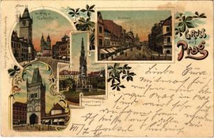 1898 (Vorläufer) Praha, Prag; Gr. Ring und Teynkirche, Graben, Kaiser Franz I. Monument, Pulverthurm / street, church, statue, tower. Art Nouveau, floral, litho (fl)