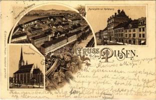 1898 (Vorläufer) Plzen, Pilsen; Bürgerliches Bräuhaus, Marktseite mit Rathhaus, Domkirche / brewery, street, town hall, church. Art Nouveau, floral, litho