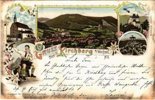 1898 (Vorläufer) Kirchberg am Wechsel, Wartenstein, Aussichtswarte a.d. Wolfenkogel, St. Corona / lookout tower, church, castle. Karl Schwidernoch Art Nouveau, floral, litho (fa)