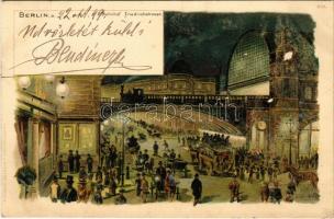 1899 (Vorläufer) Berlin, Bahnhof Friedrichstrasse / railway station at night. Kunstanstalt J. Miesler litho