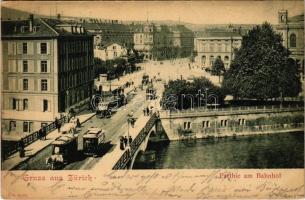 1900 Zürich, Zurich; Partie am Bahnhof / bridge, railway station, horse-drawn tram, café (EK)