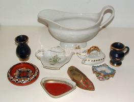 8 darabos porcelán tétel, benne Hollóházi porcelán + 1 db papucs formájú fém hamutartó