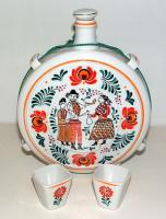 Hollóházi porcelánkulacs + 2 db pohár