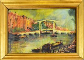 Diener Dénes jelzéssel: Folyóparti város. Vegyes technika, papír. Üvegezett, kissé sérült üvegezett ...