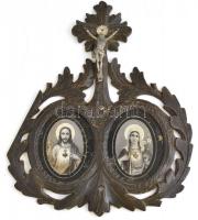 Fa kegytárgy, Jézus és Mária nyomattal, bal széle vágott, 36x30 cm