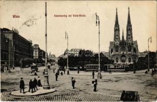 1912 Wien, Vienna, Bécs; Schottenring mit Votiv-Kirche / square, street view, church, trams (EK)