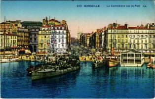 Marseille. La Cannebiere vue du Port / the cannebiere seen from the harbour, tram, hotel, battleship