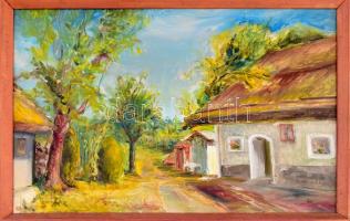 Takács László (1940-): Akali udvar (Balatonakali). Olaj, farost, jelzett, hátoldalán feliratozott. F...
