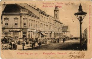 1899 Eszék, Essegg, Osijek; Glavni trg, gor. gr. / Hauptplatz / Fő tér, piaci árusok, üzletek. Ottokar Rechnitzer No. 245. (lyuk / hole)