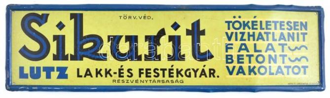 cca 1930-40 Sikurit Lutz Lakk- és festékgyár fém reklám tábla, Marx és Grossmann Budapest jelzéssel, kopásnyomokkal, kisebb deformációkkal, 9,5×35 cm