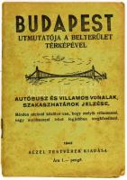 1942 Budapest útmutatója a belterület térképével, autóbusz és villamos vonalak, szakaszhatárok jelzésével. Bp., Aczél Testvérek, foltos, szakadt borítóval, 50+2 p., térkép: 50x70 cm.