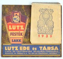 1939 Lutz Ede és Társa Lakk és Festékgyár asztali kitámasztható karton-papír reklám naptár heti bontásban, bejegyzés nélkül, naptár borítója és első néhány lapja szélein apró hiányokkal, 21,5×23 cm
