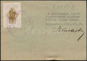 1943 Kiszombor, fegyvertartási engedély uradalmi intéző részére, Sauer fegyverre, pecséttel, hátolda...