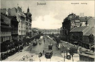 Budapest V. Károly körút, villamosok, Haldek szőnyegház, Auerbach Mór üzlete. Photobrom No. 48.